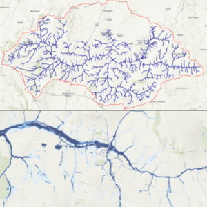 Image of two images split together horizontally. The entire Stour tributary 'web' on top and on bottom and close up of the Long Compton section.