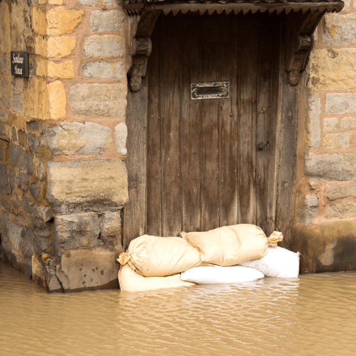 An image of a flooded doorway protected by five sand bags. The building is mad of old stone with an ornate old wooden door.