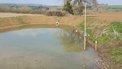 Trial monitoring equipment fitted by Kings College London at one of our NFM retention ponds in the Knee Brook catchment